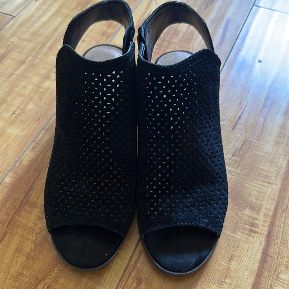 Lucky Open Toe Bootie Sandals, Black, Size 8
